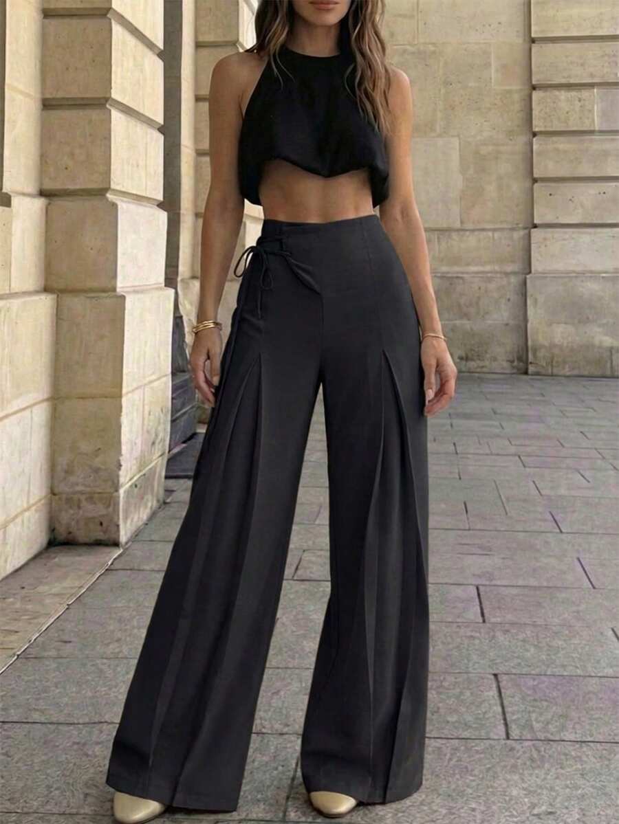 Pantalones de pierna ancha minimalistas de color gris oscuro, con diseño de amarre lateral, adecuados para la moda de oficina y paseos urbanos en primavera/verano - Gris Oscuro - Ver 1