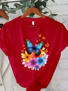 Plus Size - Colorful Butterfly Floral Print T-Shirt, Suitable For Plus-Size Women, Is The Perfect Choice For Casual Summer Fashion. This Short-Sleeved, Crew-Neck T-Shirt Is Perfect For Summer And Fall, Making It An Excellent Gift For Thanksgiving And Christmas. Gift Idea - Red - View 7