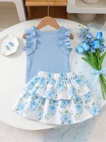 2pcs Baby Girls Cute Ruffle Sleeve Ribbed Top And Print Bow Skirt Set, Suitable For Summer - Blue - View 2