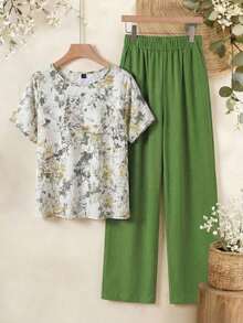 Conjunto de 2 Piezas para Mujer, Top y Pantalones Versátiles con Estampado de Lunares, Ropa Casual para Vacaciones en la Isla en Primavera/Verano - Verde 2 - Ver 3