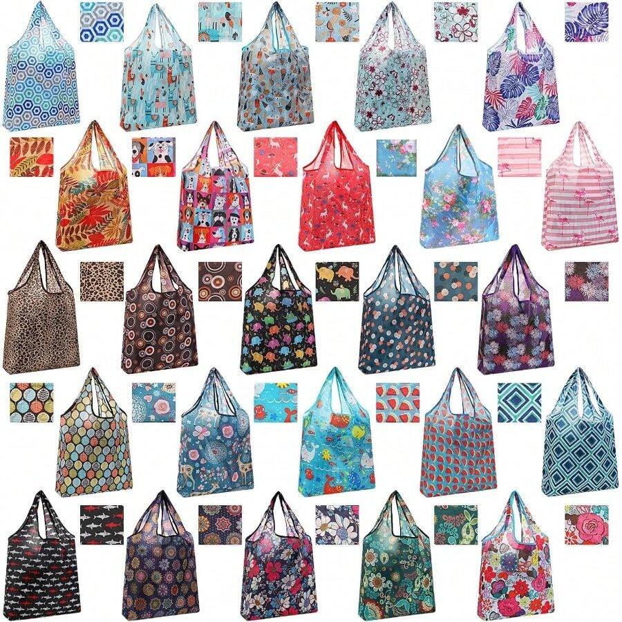 25 Pack Reusable Shopping Bags - Floral Grocery Bags - Foldable Tote Bags - Washable - Waterproof - Lightweight - Default - View 1