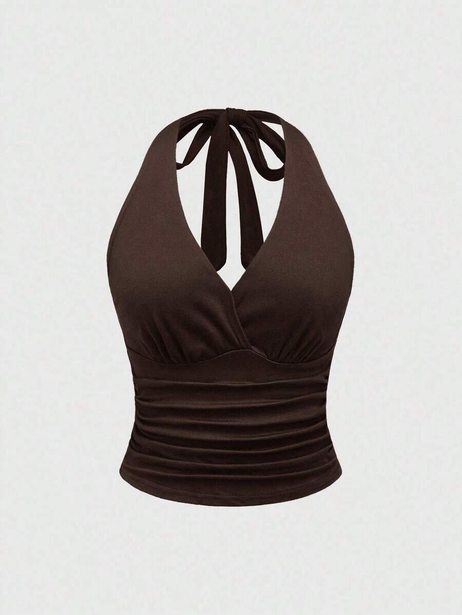 Punk Parte superior con estampado de leopardo y cuello de halter para mujer, escuela - Marrón - Ver 1