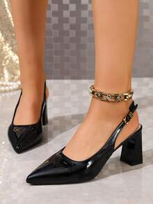Giày sandal cao gót mũi nhọn bằng da bóng gợi cảm dành cho nữ, thích hợp cho hoạt động ngoài trời, kỳ nghỉ, tiệc tùng, trang phục trang trọng, gót dày kiểu Pháp với khóa cài, có thể mang quanh năm, màu đen. - màu đen - Xem 7