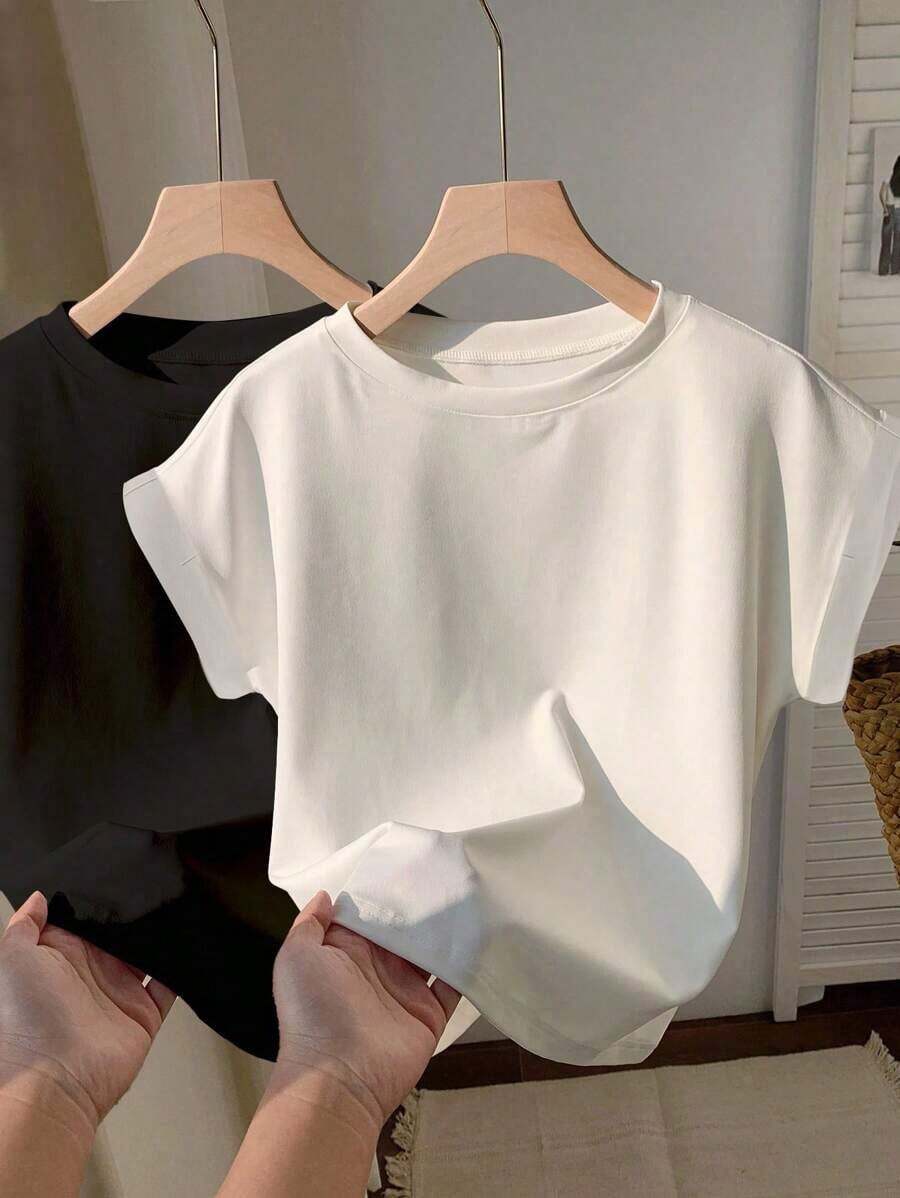 2 piezas de camisetas de manga corta con cuello redondo y hombros caídos, ligeramente transparentes, adecuadas para el verano - Multicolor 2 - Ver 1