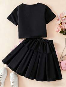 Young Girl Letter Print Round Neck Short Sleeve Top And Skirt Set - Black - View 2