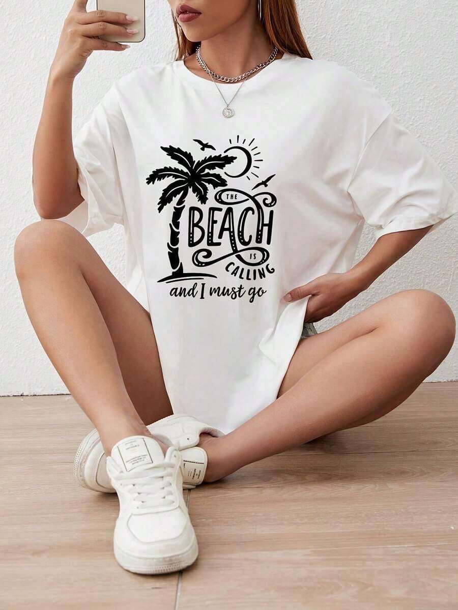 [Local Delivery] Women's Plus Size Casual T-Shirt With 'THE BEACH IS CALLING AND I MUST GA' Print - Crew Neck, Fashionable Women's Clothing, Lightweight And Breathable, Suitable For All Four Seasons, Ideal For Parties And Everyday Wear, Plus Size T-Shirt For Women - 白色 - 查看 1
