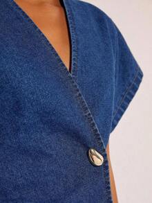 Denim Blusa de mezclilla de manga de murciélago con un solo botón de moda para mujer, de verano - Azul lavado oscuro - Ver 7