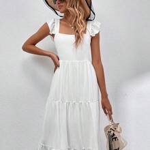 Solid Shirred Detail Ruffle Hem Dress Maxi Vacation Beach Outfits Women - Blanco - Ver 7