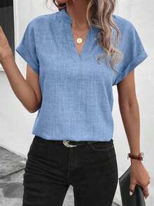 Camisa casual de mujer de manga corta con cuello entallado de unicolor, para verano - Azul - Ver 5