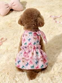 LUCKIE PAL 1pc Colorful Bowknot Pattern Elegant Halter Pet Dress Suitable For Chihuahua Small Dogs Wedding Dog Clothing Pet Dress For Cats And Dogs Indoor And Outdoor - Pink - View 5