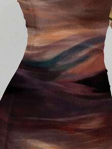 Vestido casual, elegante y sexy de estampado abstracto marrón café, tipo bandeau y ajustado, apropiado para el verano, vacaciones y fiestas - Multicolor 3 - Ver 6
