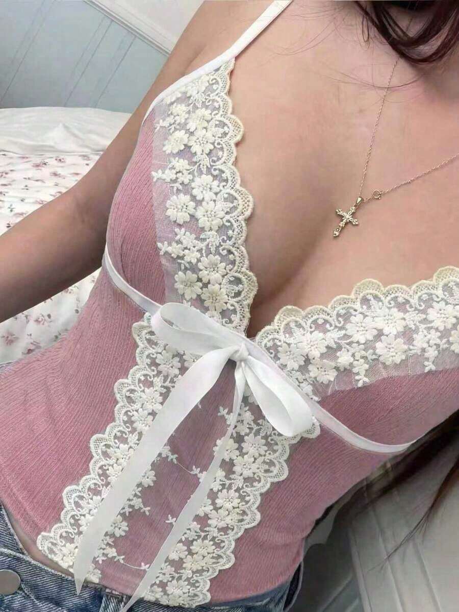 Camiseta de tirantes finos de encaje con bordado y parches de tela jacquard de punto de unicolor elegante y sexy para mujer.Camiseta elegante y casual de vacaciones en color negro - Rosa - Ver 1