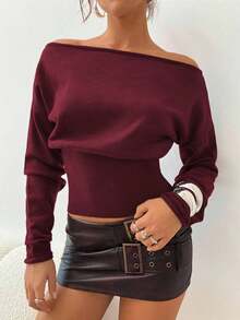 Suéter morado de manga larga, cuello asimétrico y hombros descubiertos, de punto ajustado para mujer, para otoño/invierno - Burdeos - Ver 6