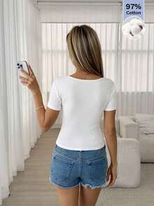 Camiseta de mujer de manga corta con cuello cuadrado, decoración de mariposa, textura jacquard de unicolor, primavera/verano - Blanco 2 - Ver 6