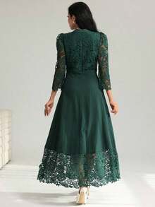 Vestido largo de manga larga con parches de bordado de ojal amarillo para mujeres - Verde Oscuro - Ver 7