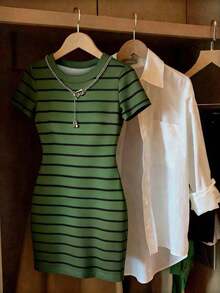 Vestido mini casual de mujer con rayas, de verano - Verde militar - Ver 3