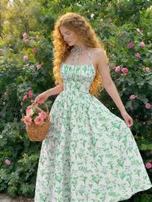 Vestido de verano con estampado floral elegante y lazo en la cintura para mujer - Verde - Ver 3