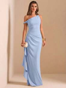 de dama de honor de otoño/invierno, vestido largo elegante con pliegues, abertura alta, volantes y hombros oblicuos con nudo retorcido y sin tirantes, sexy para fiestas - Celeste - Ver 8