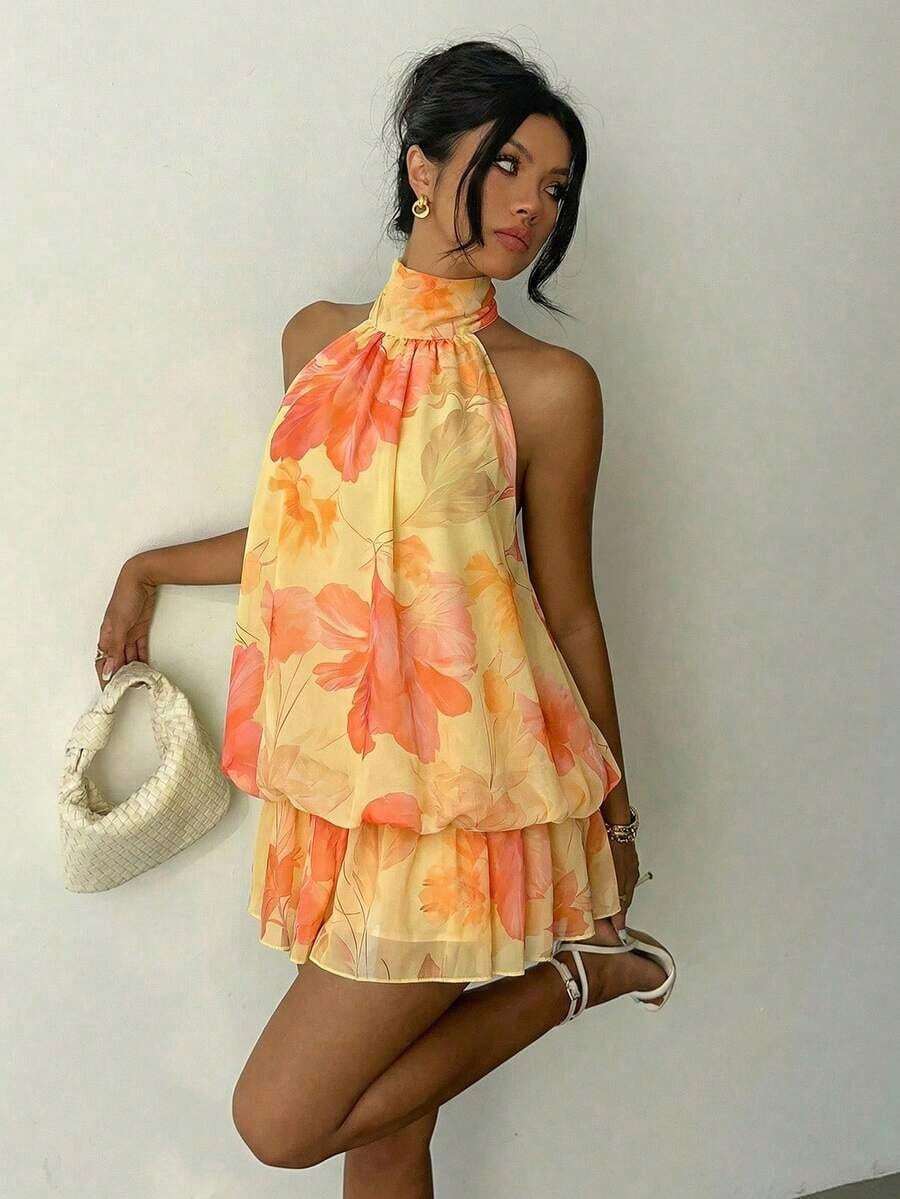 Vestido mini elegante de mujer con estampado de lunares y escote halter sin espalda - Amarillo - Ver 1
