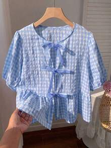 Camiseta de mujer de manga corta, moda sencilla y casual para uso diario - Azul - Ver 6