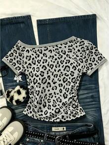 Camiseta casual versátil de mujer con hombro asimétrico y mangas cortas a rayas - Multicolor 7 - Ver 2