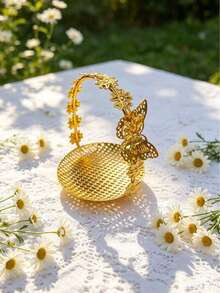 1pc Gold Butterfly Handle Storage Basket, Multifunctional Luxury Organizer Tray, Suitable For Home, Hotel, KTV, Living Room And Other Occasions - Gold - View 2