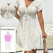 Vestido casual floral de talla grande con cuello en V y manga corta con lazo en la parte delantera para Mujer - Multicolor - Ver 2
