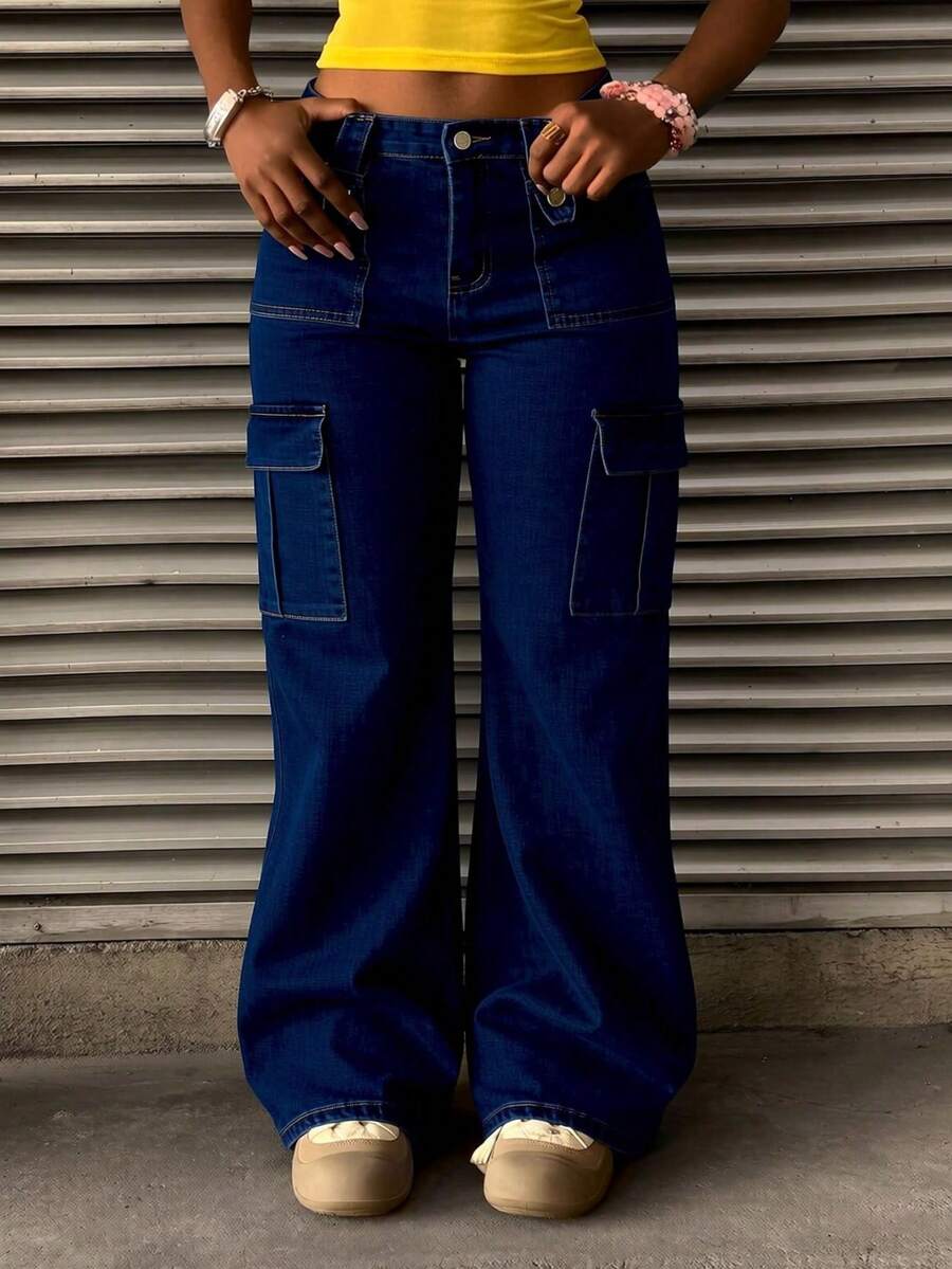 Jeans rectos con bolsillos múltiples efecto levantador de glúteos - Azul profundo - Ver 1
