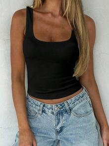 Spring Summer Plus Size Women Big U-Neck Back Vest, Ribbed Slim Fit White & Black Sleeveless Tank Top, Casual Basic Underwear For Yoga Daily Outfit - Black - View 3