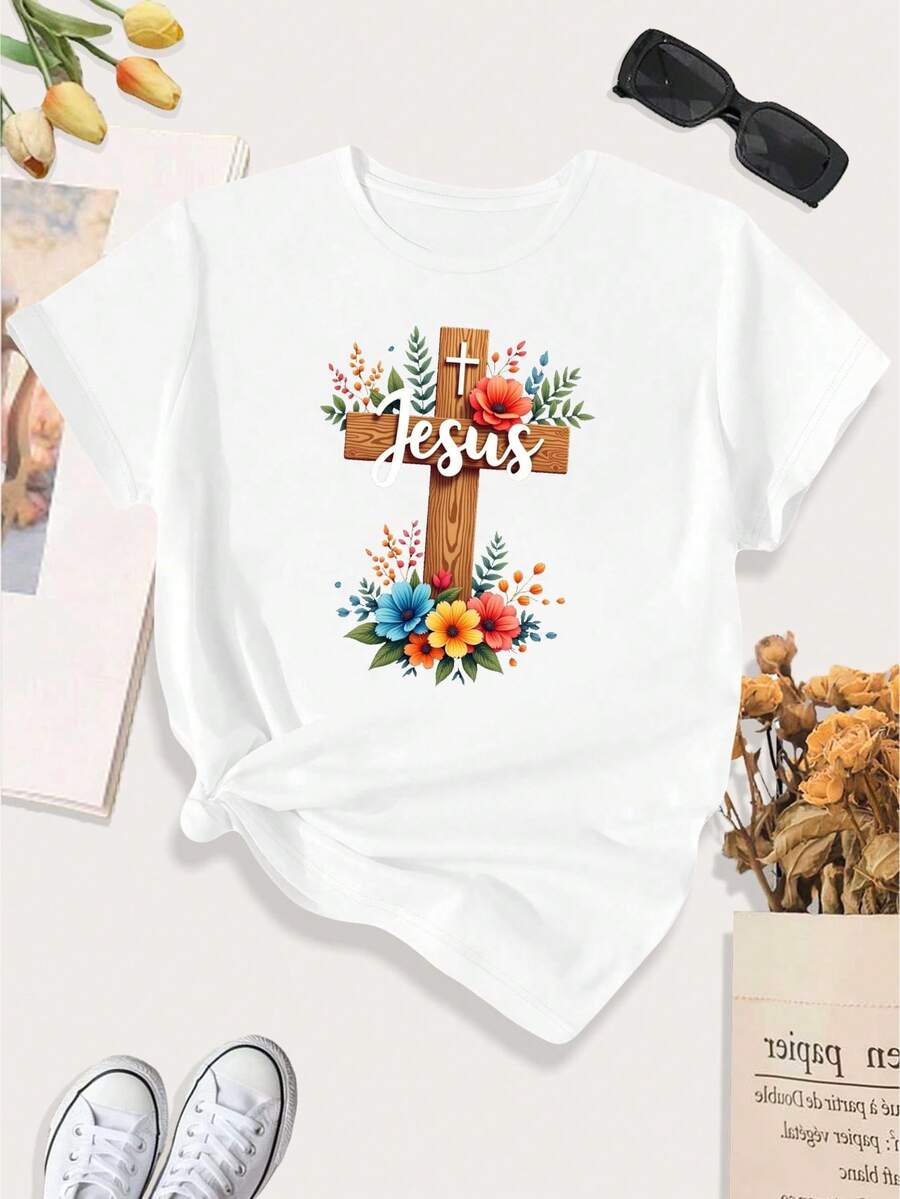 Camiseta de Mujer con Diseño de Corazón y Cruz - Camiseta de Fe Cristiana en Gris Suave con Diseño de Cruz y Flores, Cuello Redondo de Elasticidad Media para Comodidad Diaria, Ropa de Fe, Corte Holgado, Comunidad de Creyentes - Blanco - Ver 1