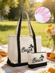 1pc Women's Canvas Shoulder Bag With "Beach" And Coconut Tree Print, Spring/Summer Style, Large Capacity, Suitable For School, Work Or Casual Use, Includes Cosmetic Bag And Pink Hair Clip, Suitable For White-Collar Women And Students, Multi-Compartment Design, Suitable For Beach, School, Work And Daily Use - Multicolor - View 1