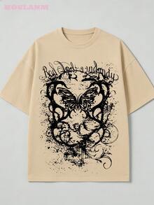 Women's 100% Cotton T-Shirt With Retro Graphic Print "Butterfly Grunge" Y2K Gothic Style Short Sleeve Casual - Soft To The Touch And High Quality - 杏色 - 查看 2