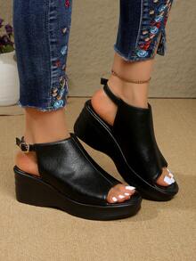 Women's Thick Sole Wedge Sandals Open Toe High Heel Wedge Casual Lightweight Fashion Buckle Strap Sandals - Black - View 2