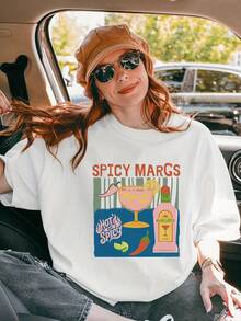 Margaritas Graphic Print Drop Shoulder-Shirt - Casual Short Sleeve Crew Neck Tee With Vibrant Cocktail Design, Summer And Parties, Allseason Top |   Playful Lettering Tee |   Polyester Fabri - Negro - Ver 11