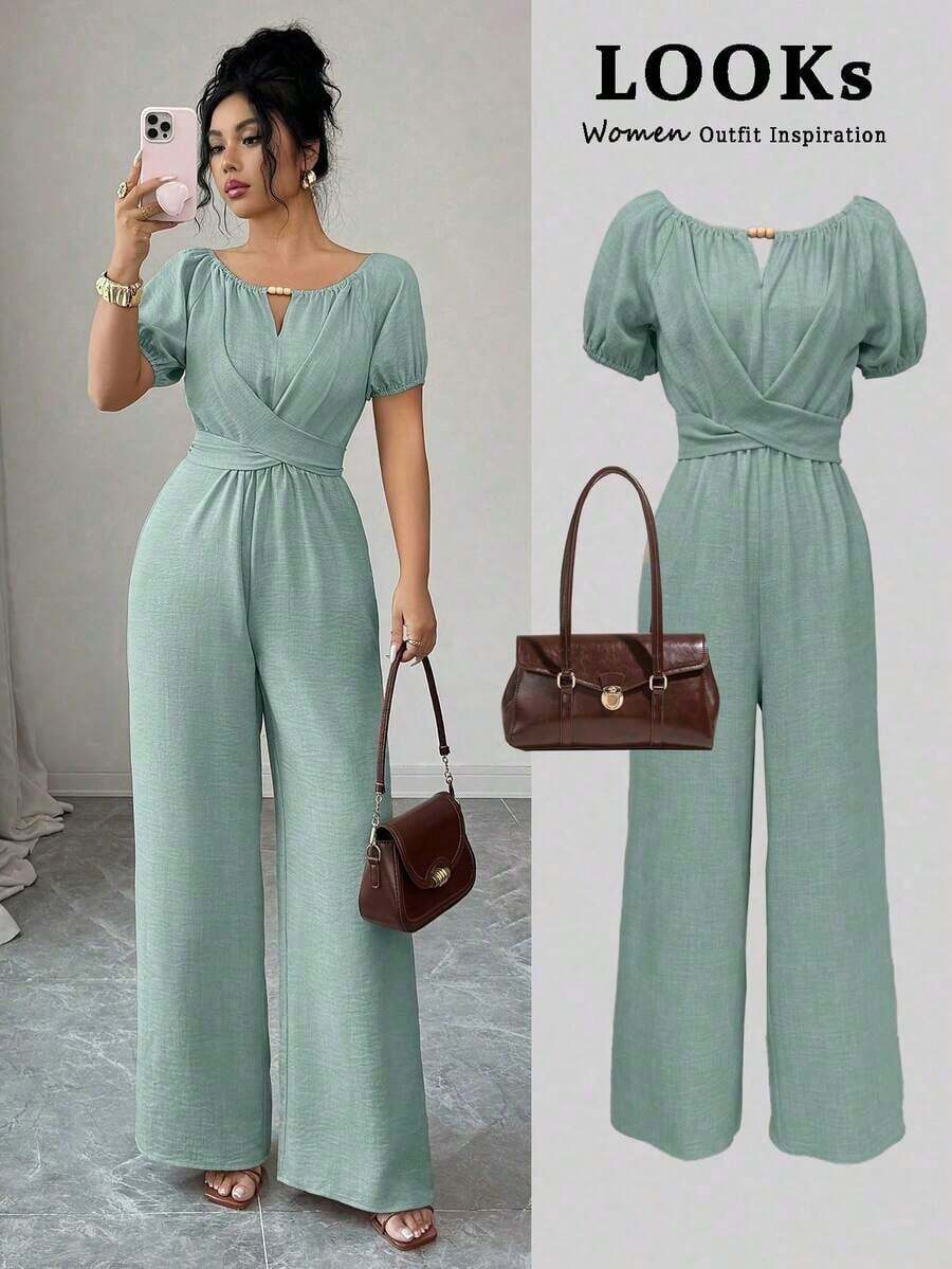 Mono elegante de mujer de pata ancha con cuello redondo, manga larga, cintura retorcida y decoración de cuentas de madera en color caqui para uso diario - verde menta - Ver 1