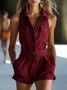 Mono (enterizo) corto nuevo de verano para mujer, de moda, estilo vaquero/cowboy, sin mangas, cuello V, botonadura delantera, diseño favorecedor, perfecto para looks casuales y de día - Rojo oscuro - Ver 8