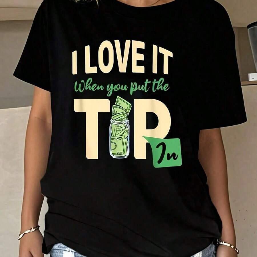 Camiseta Divertida de Camarero para Mujer y Unisex - Estampado "Love Your Tip" con Herramientas de Camarero (Dinero, Lima, Hielo) - Manga Corta Negra Suave y Transpirable, Ideal para Regalos de Camarero, Fiestas, Uso Casual - Lavable a Máquina, Diseño Elegante, Uso Diario, Resistente a la Decoloración, Para Hombre - Negro - Ver 1