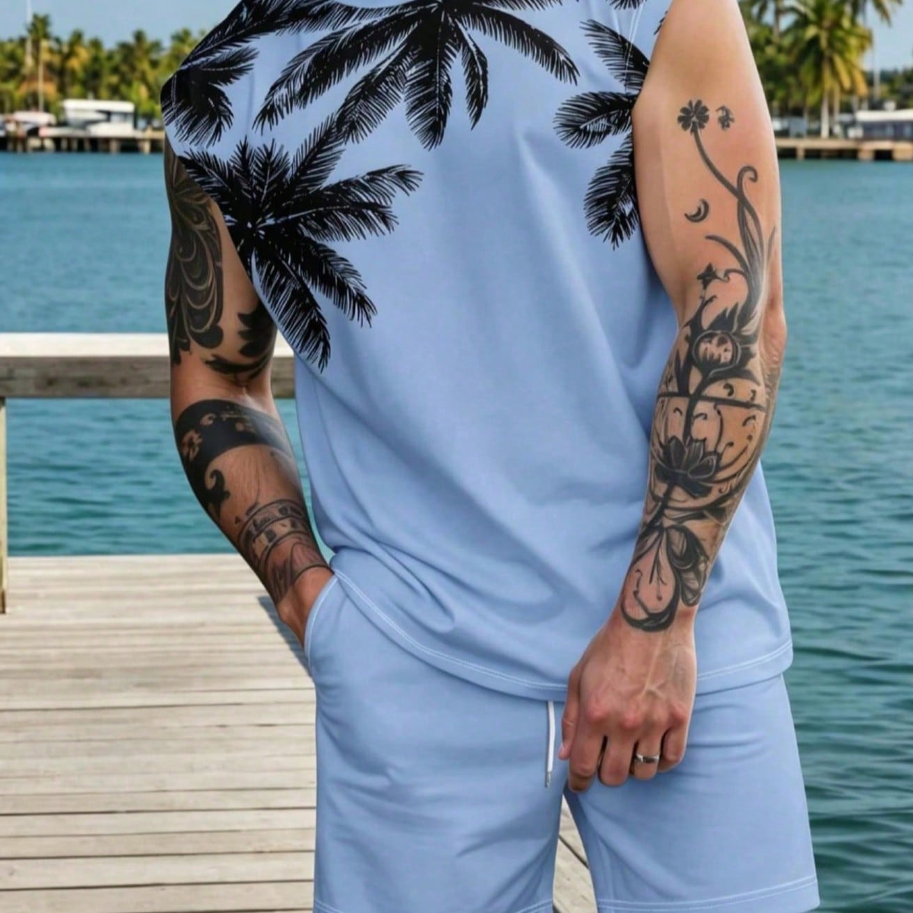 Men's Coconut Tree Pattern Sleeveless Tank Top Set, Men's Vacation Style Sleeveless Tank Top And Beach Shorts