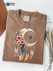 Camiseta de manga corta vintage de algodón lavado estilo bohemio para mujer, con estampado de atrapasueños de luna creciente, flores y plumas. Holgada, cómoda, agradable al tacto y transpirable. Ideal para regalos navideños, fiestas, celebraciones, viajes y uso casual tanto para hombres como para mujeres, con un estilo hippie. - Gris - Ver 10