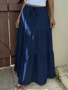 Solid Color Casual Beach Vacation Ruffle Hem Skirt - Royal Blue - View 7