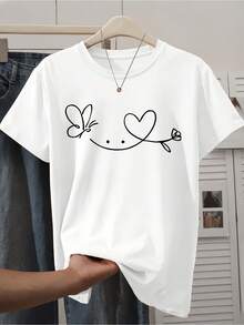 This Stylish Women's Short-Sleeved T-Shirt Features A Butterfly Heart Floral Design In A Continuous Line Print, Perfect For Vintage Fashion. It's Available In Sizes S To XXL And Is Ideal For Casual Outings And Weekend Get-Togethers During Spring. - 白色 - 查看 1
