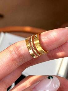 3pcs/Set Elegant Stainless Steel Gold Cross & Heart Zirconia Inlaid Ring Set, Suitable For Party, Wedding, Daily Wear, Also As Gift For Friends And Lovers, Size 6-10 - Set - View 1