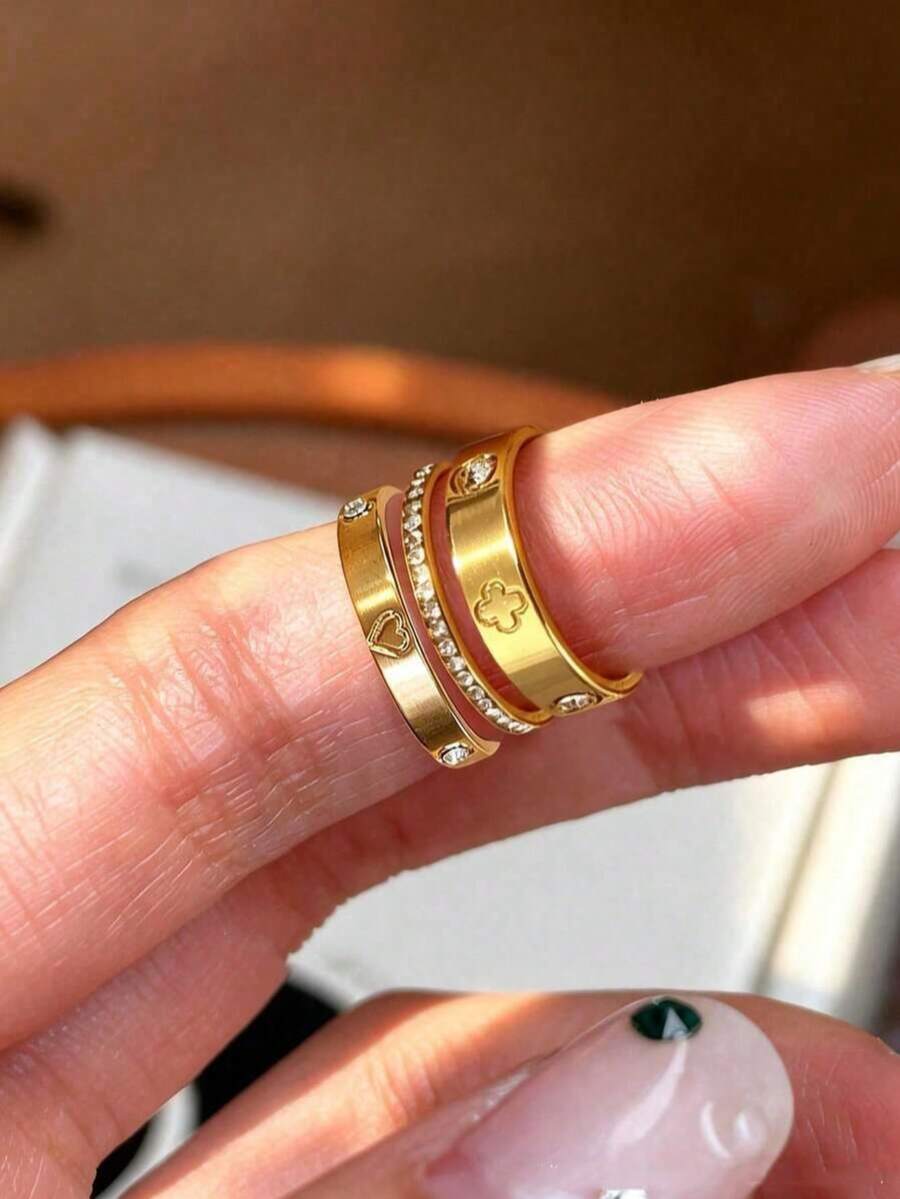 3pcs/Set Elegant Stainless Steel Gold Cross & Heart Zirconia Inlaid Ring Set, Suitable For Party, Wedding, Daily Wear, Also As Gift For Friends And Lovers, Size 6-10 - Set - View 1