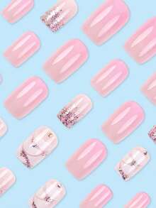 24pcs Medium European Square False Nails, Nude Pink Cherry Blossom Gradient With Sparkling Crushed Rhinestones And Gentle Glitter False Nails, Mother's Day Gift, Full Coverage And Removable, Suitable For Parties, Proms, And Daily Wear - Pink - View 3