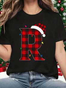 Impresionante Camiseta Navideña a Cuadros Buffalo con la Inicial R - Negro - Ver 8