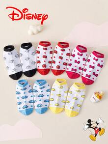 Disney 10/5/1 双装儿童彩色船袜，迪士尼可爱卡通蝴蝶结印花图案，甜美风格，夏季必备，欧美尺码，舒适透气，经久耐穿，适合日常穿着，色彩缤纷的儿童袜子，返校必备，精美礼物 - 彩色 - 查看 1