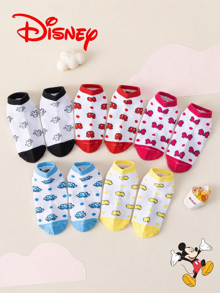 Disney 10/5/1 双装儿童彩色船袜,迪士尼可爱卡通蝴蝶结印花图案,甜美风格,夏季必备,欧美尺码,舒适透气,经久耐穿,适合日常穿着,色彩缤纷的儿童袜子,返校必备,精美礼物 - 彩色 - 查看 1