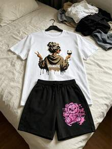 Estilo casual con estampados dramáticos: Conjunto de verano para mujer + Shorts negros (Set de dos piezas) - Conjunto de manga corta para salidas veraniegas - Blanco - Ver 3