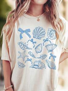 GiftGiftYouth Casual Graphic T-Shirt, Women's Plus Size Crew Neck T-Shirt - Blue Shell, Starfish And Bow Graphics, Minimalist Short Sleeve Beach Inspired Design, Machine Washable, Comfortable Fit For All Seasons, Cute T-Shirts, Daily Fashion, Beach Theme, Soft Fabric, Graphic Top, Minimalist Style. - 杏色 - 查看 3