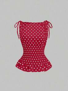 Sweetro Blusa sin mangas elegante con lazo en el hombro, lunares y cordón en la cintura, uso casual y elegante para todos los días - Burdeos - Ver 7
